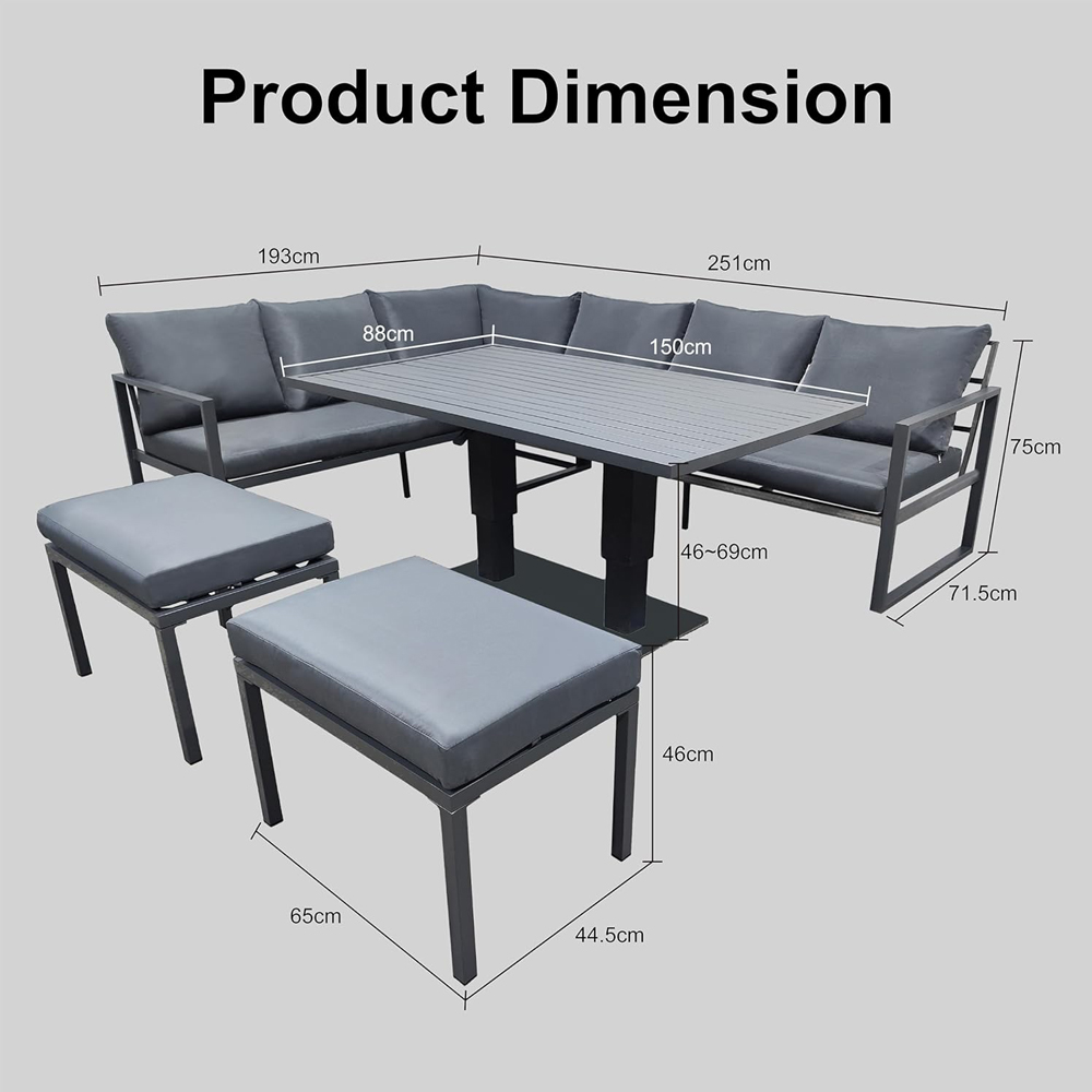 Alivio 8 Seater Grey L-Shaped Garden Sofa Set with Adjustable Table and Ottomans Image 8