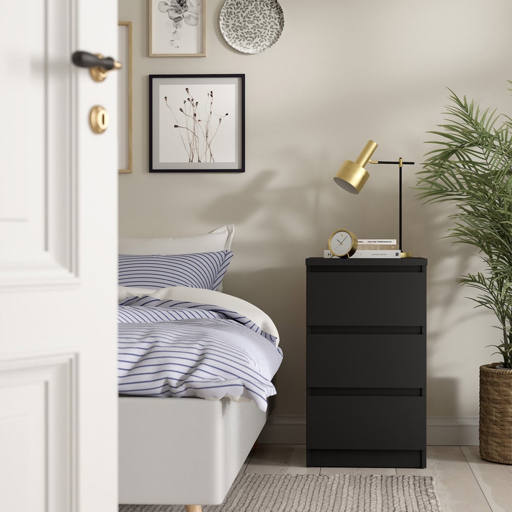 Florence 3 Drawer Matt Black Bedside Table Image 6