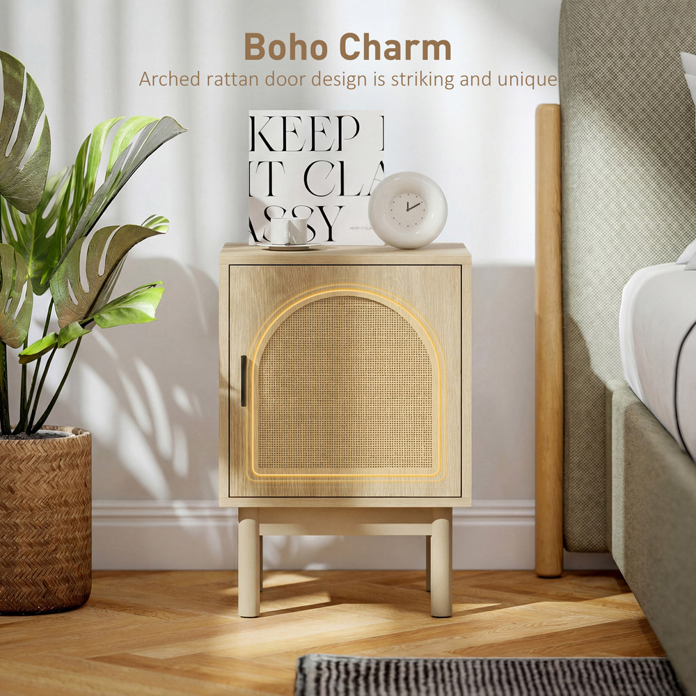 HOMCOM Boho Single Door Natural Rattan Bedside Table Image 6