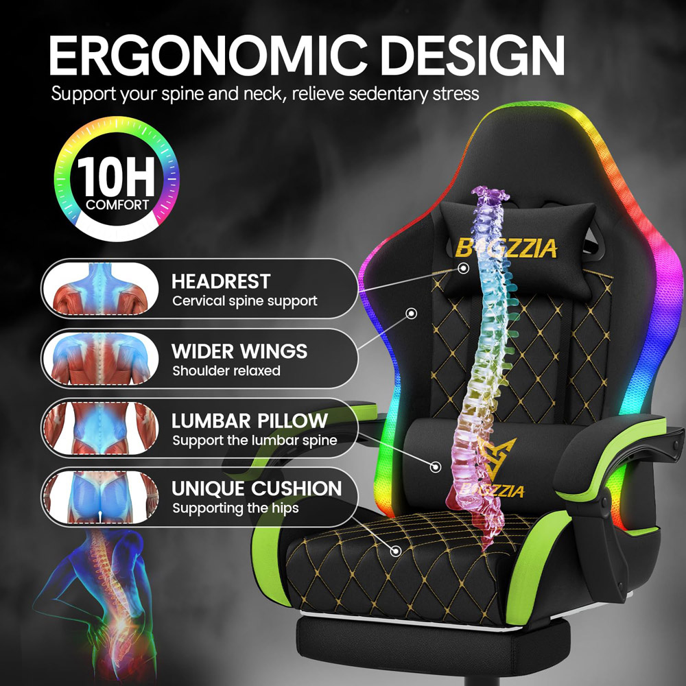 Rattrix Green Reclining RGB Gaming Chair with LED Lights and Footrest Image 3