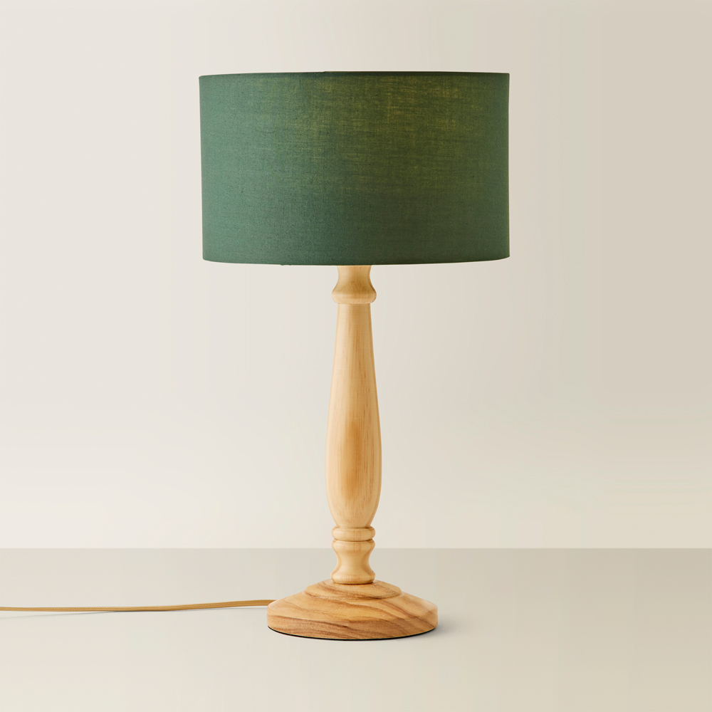 ValueLights Victoria Green Fabric Drum Shade Light Wood Traditional Stem LED Table Lamp Image 5