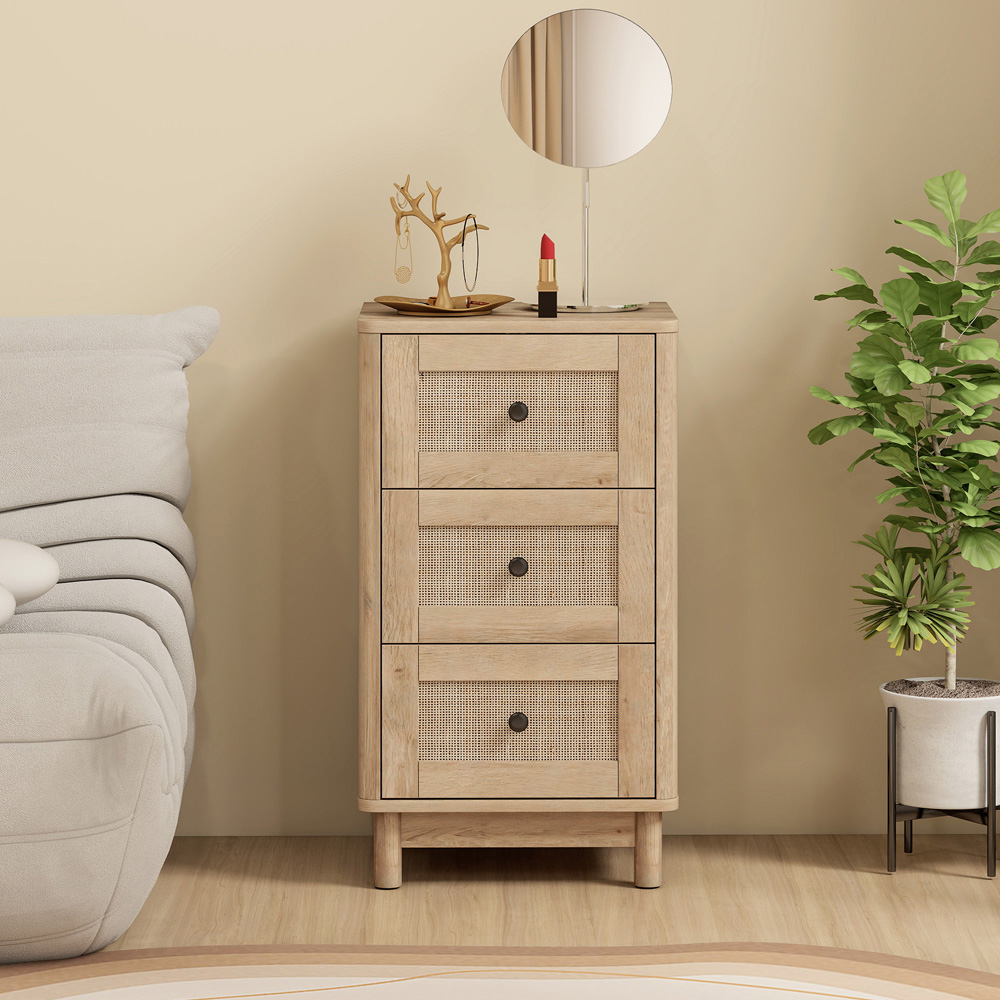 Portland 3 Drawer Oak Rattan Chest of Drawers Image 4
