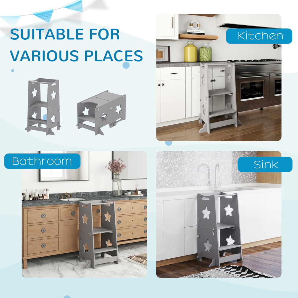 AIYAPLAY 2-in-1 Grey Toddler Step Stool with Safety Rail Image 7