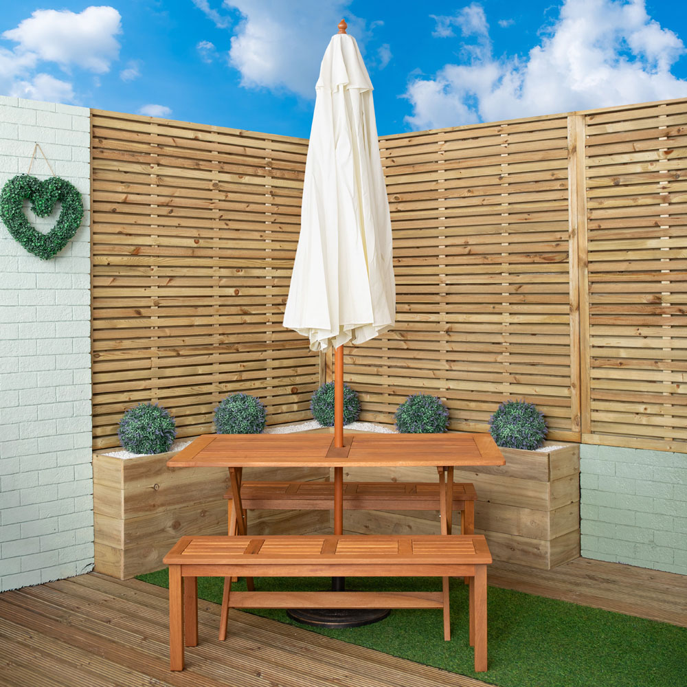 Samuel Alexander 4 Seater Wooden Rectangular Dining Bench Set with Cream Parasol and Base Image 9