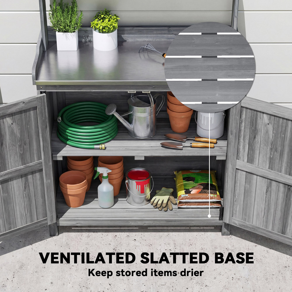 Outsunny Wooden Potting Bench Table with Aluminium Worktop and Top Shelf Image 6