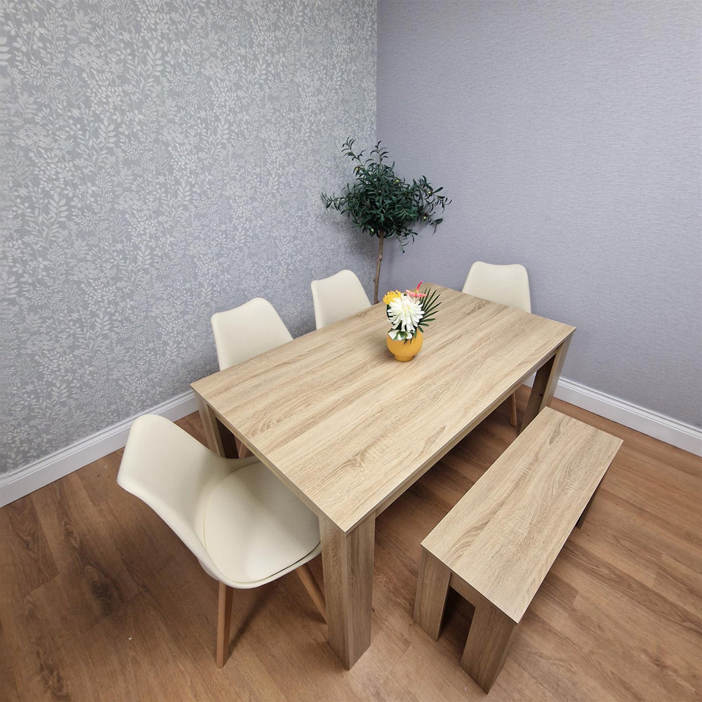 Kosy Koala Tulip 6 Seater Faux Leather Dining Set with Bench Oak Effect and Cream Image 6