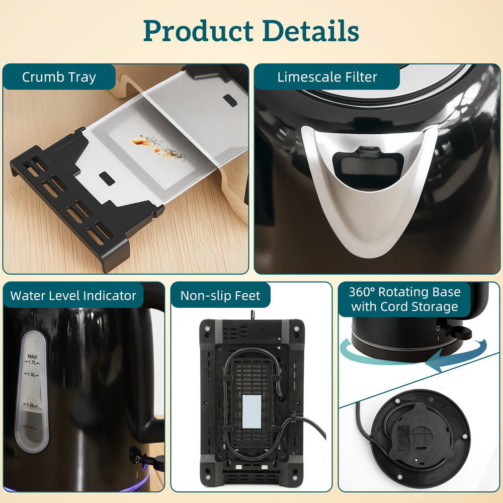 HOMCOM 800-285V70BK Black Rapid Boil 1.7L Jug Kettle and 2 Slice Toaster Set Image 3