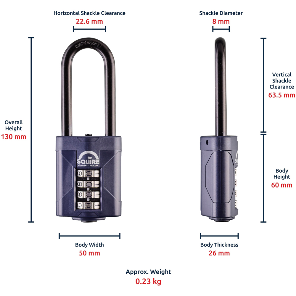 Squire 50mm 4 Wheel Combination Long Shackle Padlock Image 7