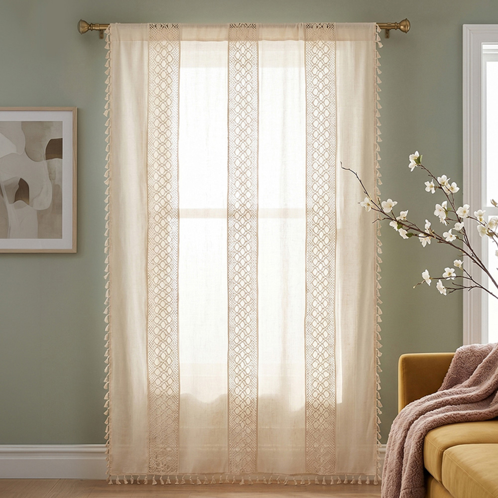 Living and Home Beige Bohemian Semi Sheer Diamond Pattern Curtain 300 x 150cm Image 1