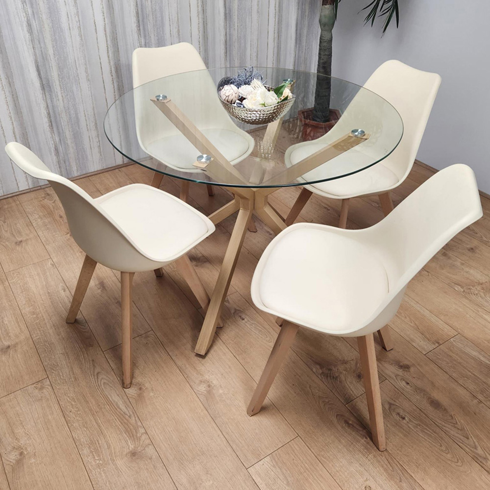Portland 4 Seater Round Dining Table Set Oak Effect and Cream Image 1