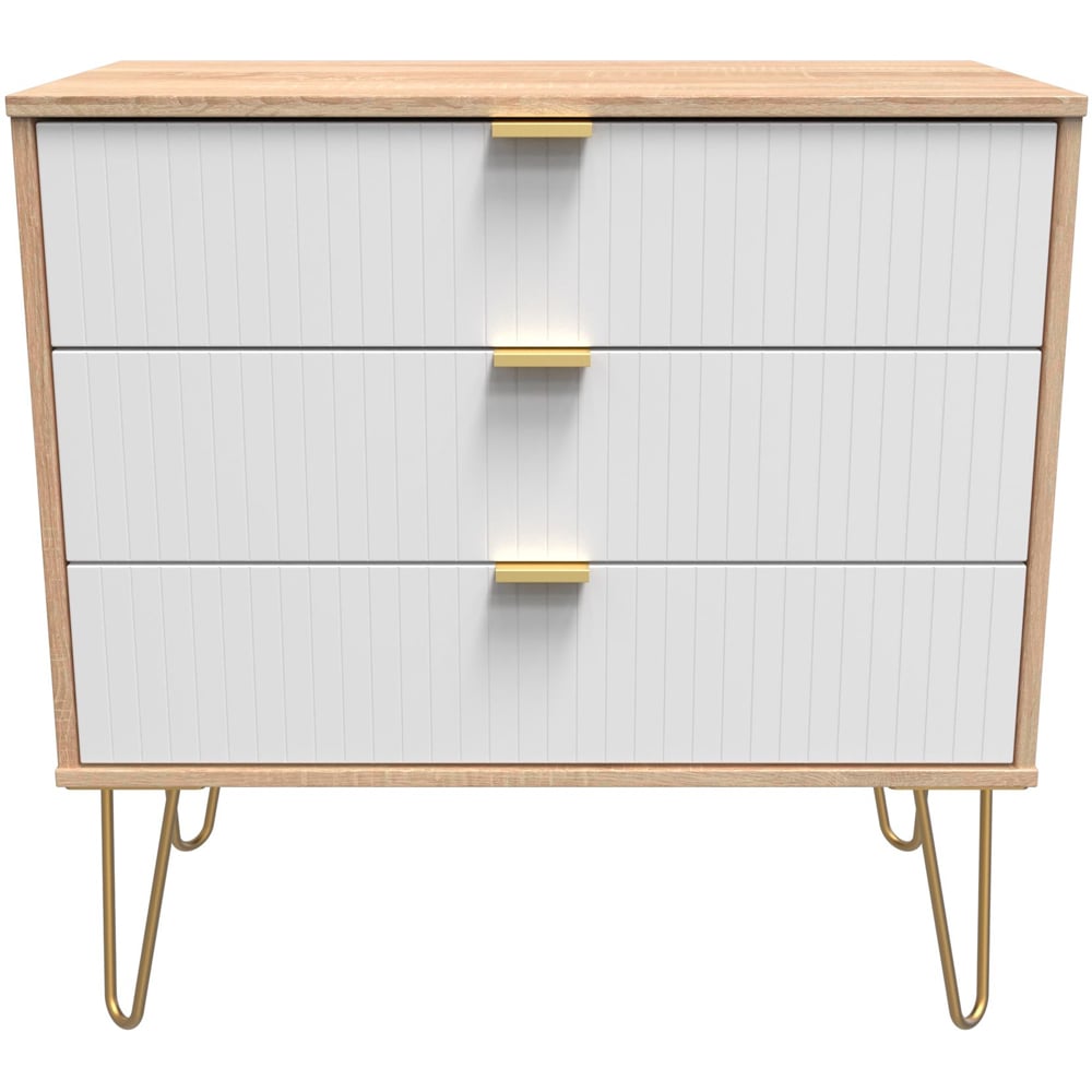 Crowndale 3 Drawer White Matt and Bardolino Oak Wide Chest of Drawers Ready Assembled Image 3
