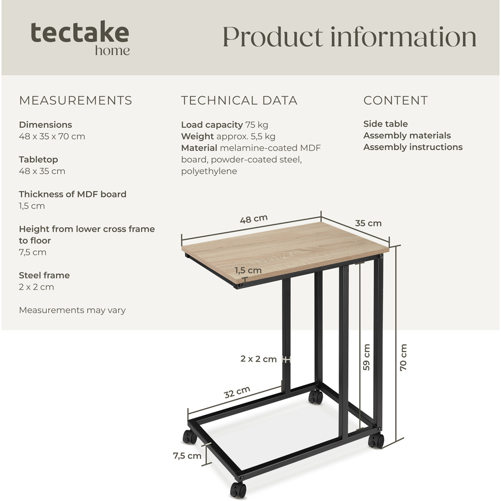 Tectake Luton C-Shape Sonoma Oak Bedside Table with Swivel Castors Image 9