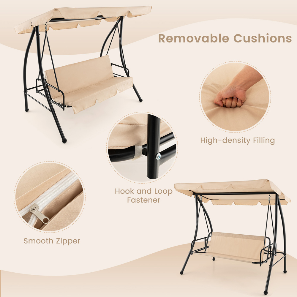 Costway 2 Seater Beige Garden Swing with Adjustable Canopy and Removable Cushion Image 6