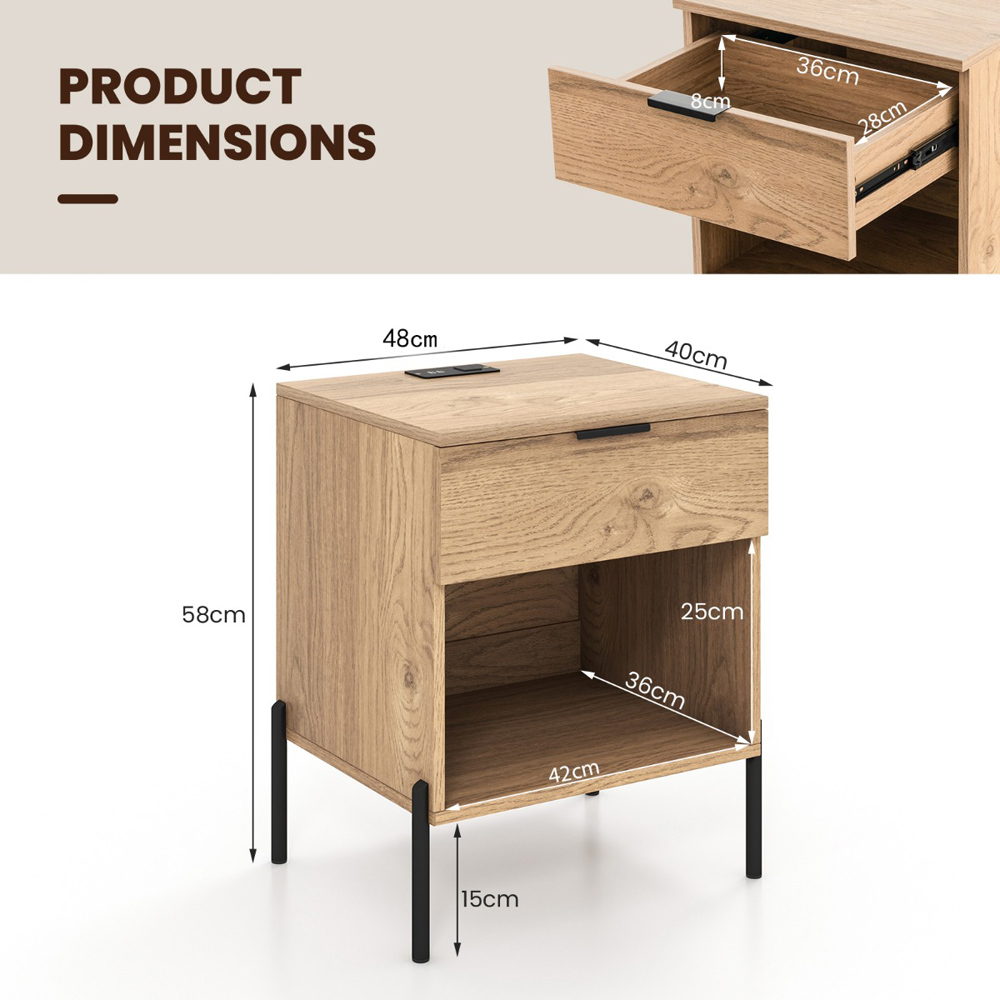 Costway Mid Century Natural Nightstand with Charging Station Image 4