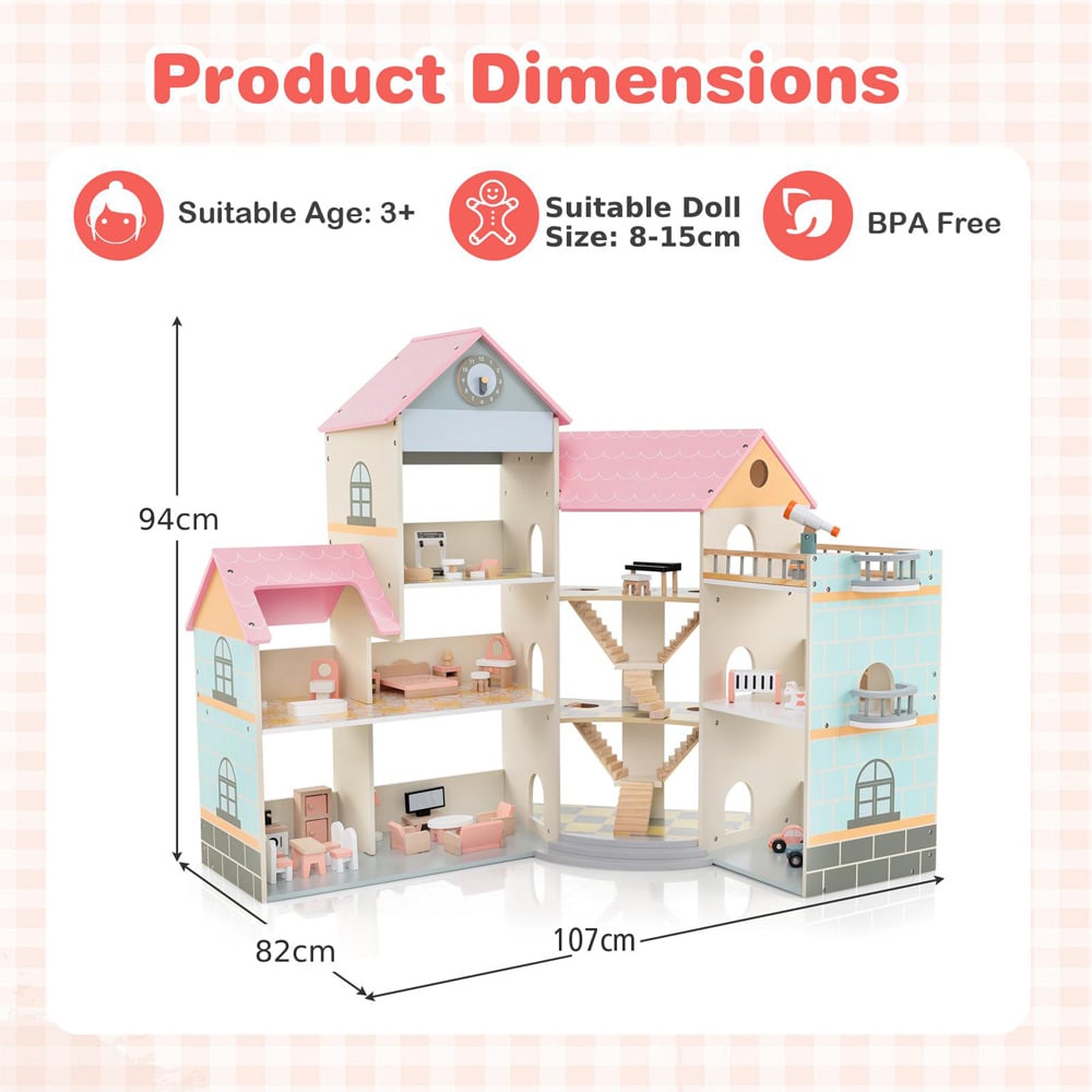 Costway Pink Roof Wooden Dollhouse Playset Image 9