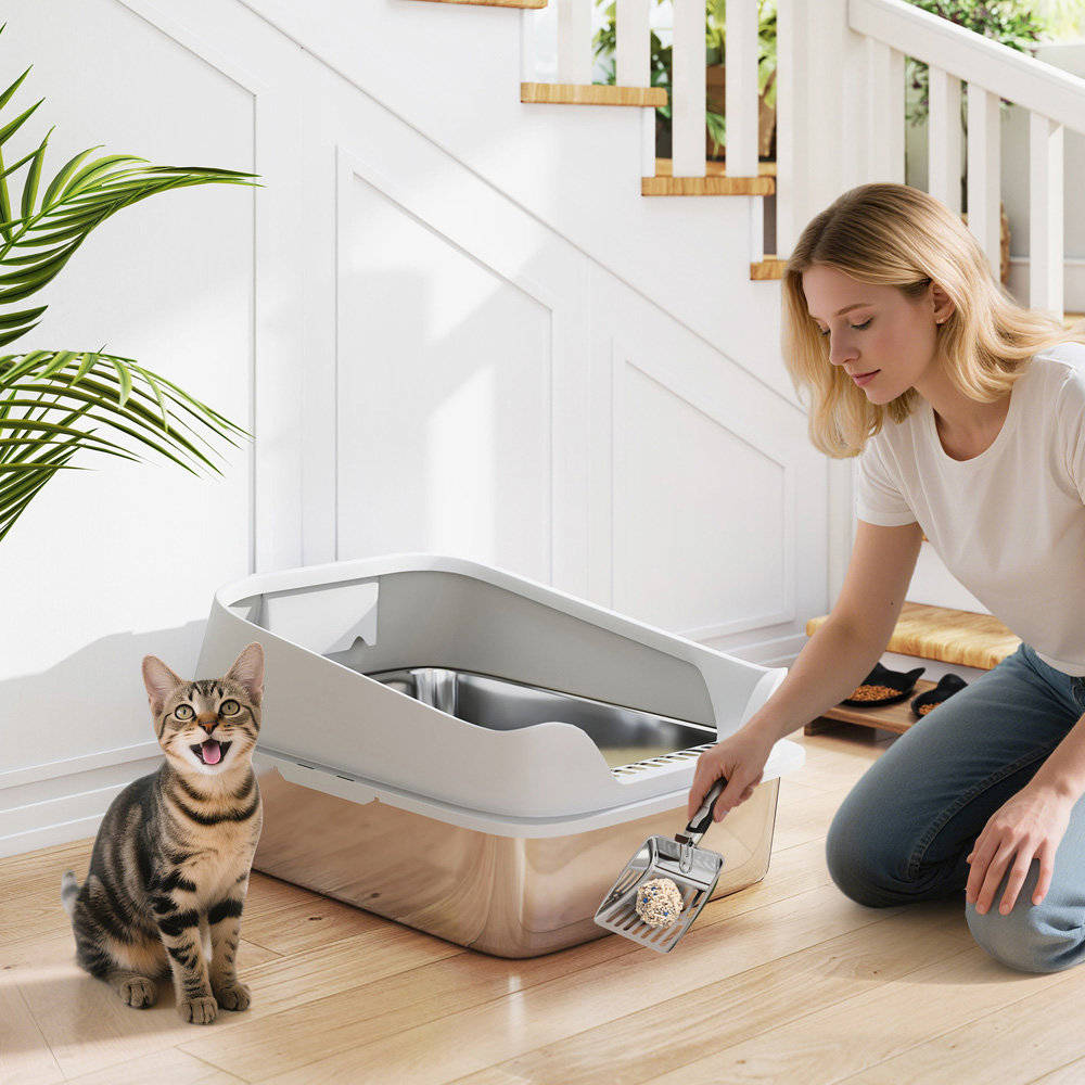PawHut XL Grey Stainless Steel High Sided Cat Litter Tray with Scoop Image 2