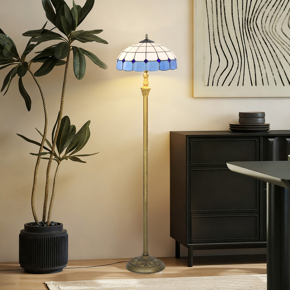 HOMCOM Blue Vintage Handcrafted Stained Glass Shade Floor Lamp Image 5