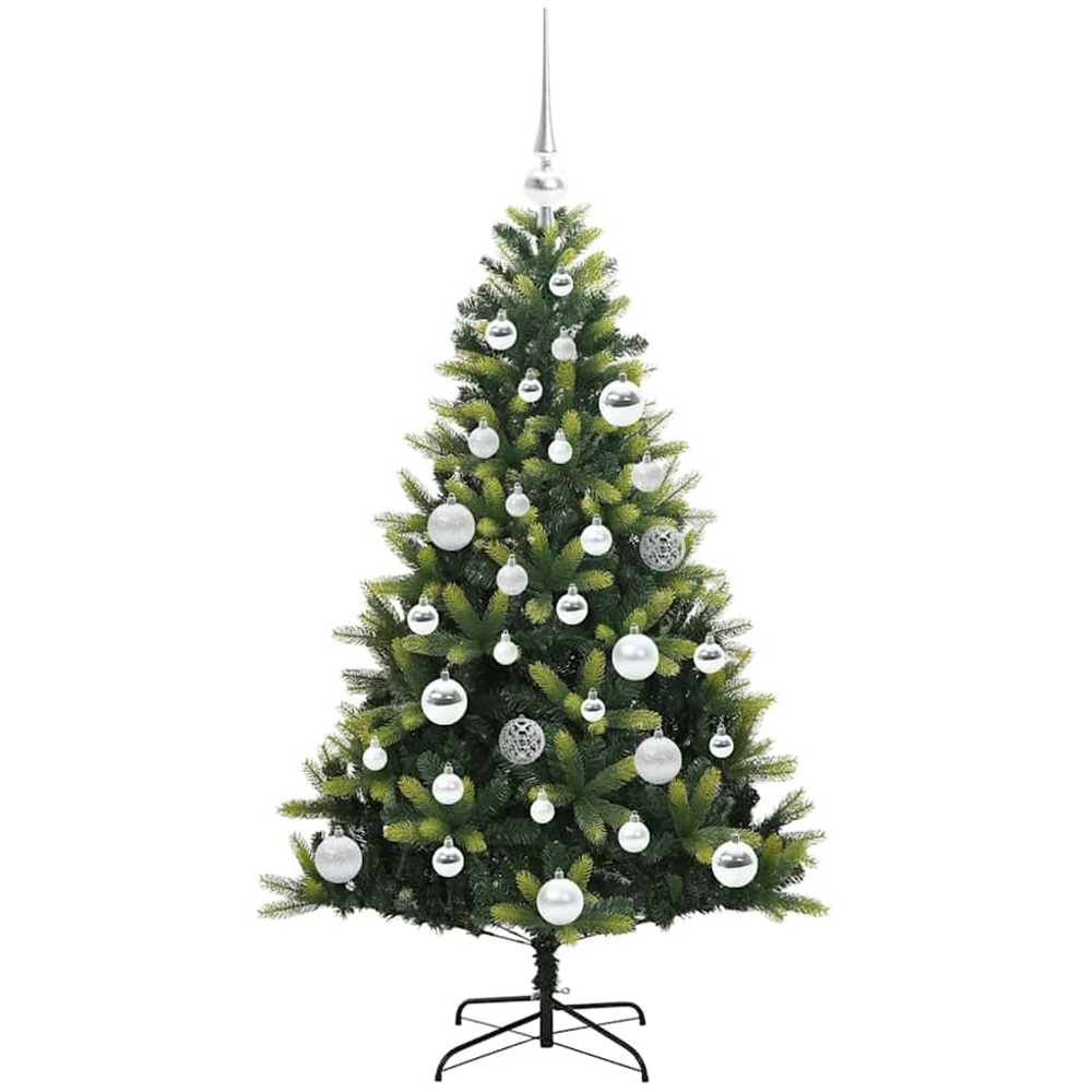 vidaXL Pre-Lit Silver Baubles Green Artificial Hinged Christmas Tree 4ft Image 4