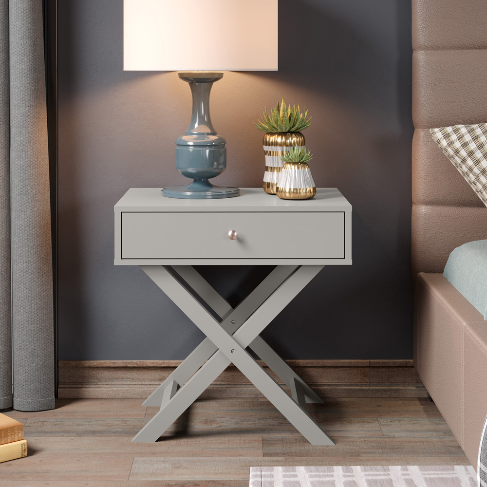 Leighton Single Drawer Light Grey X Legs Bedside Table Image 6