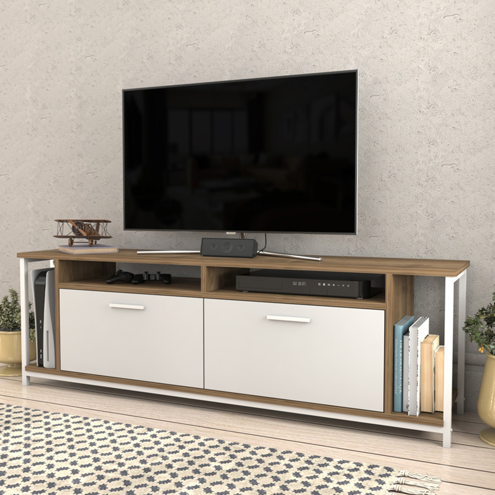 Decorotika Omar 2 Door 4 Shelf Walnut and White TV Unit Image 1
