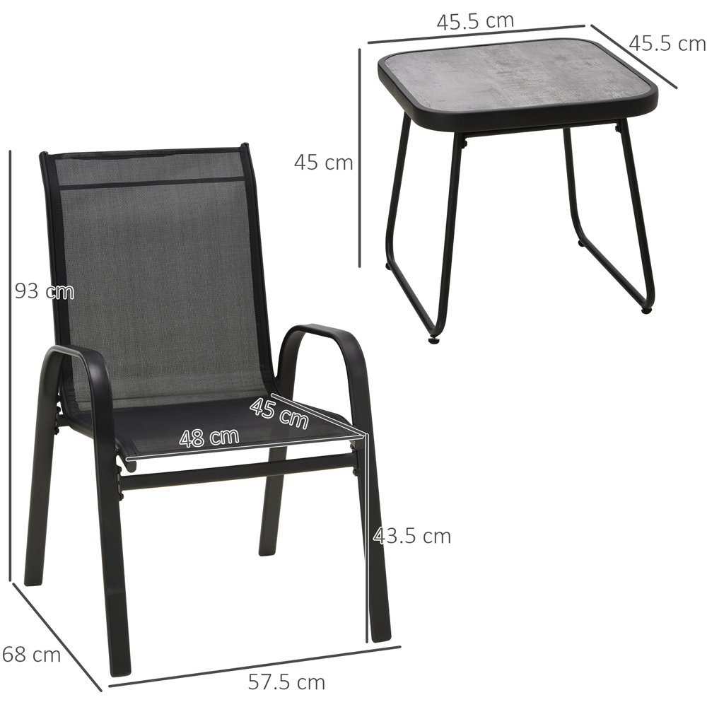 Outsunny Set of 2 Black Mesh Outdoor Stackable Armchairs with Coffee Table Image 7