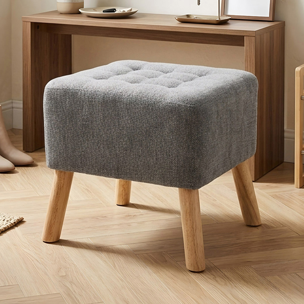 Living and Home Grey Chenille Button Tufted Square Footstool Image 1