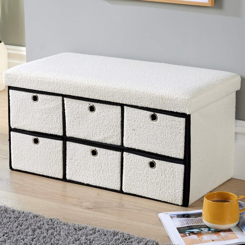 Home Source Folding 6 Drawer Cream Fur Ottoman Storage Unit Image 1