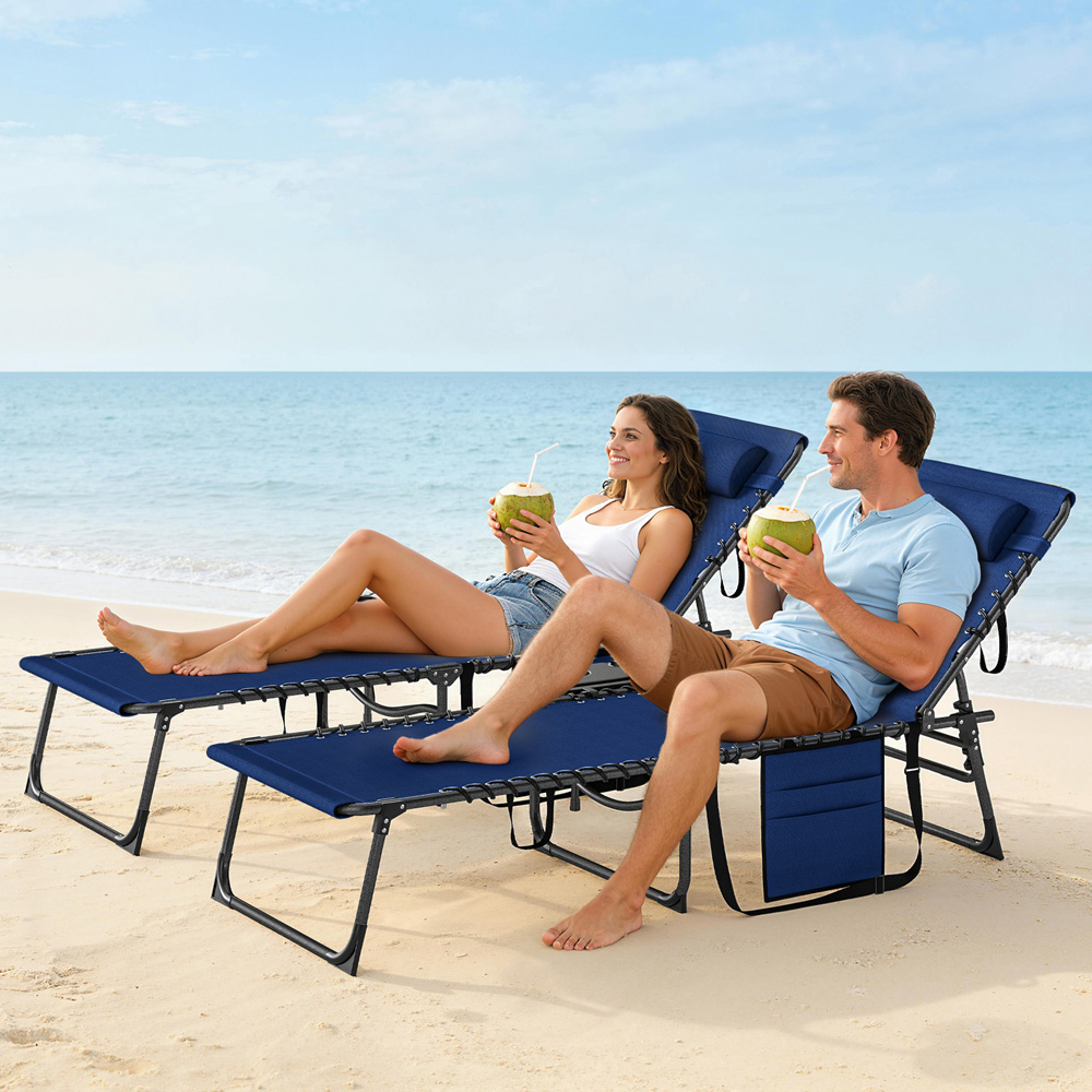 Outsunny Dark Blue 5-Level Reclining Foldable Sun Lounger with Cup Holder Image 3