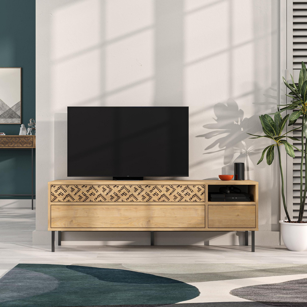 Decortie Heaton 3 Drawer Single Shelf Sapphire Oak TV Stand Image 6
