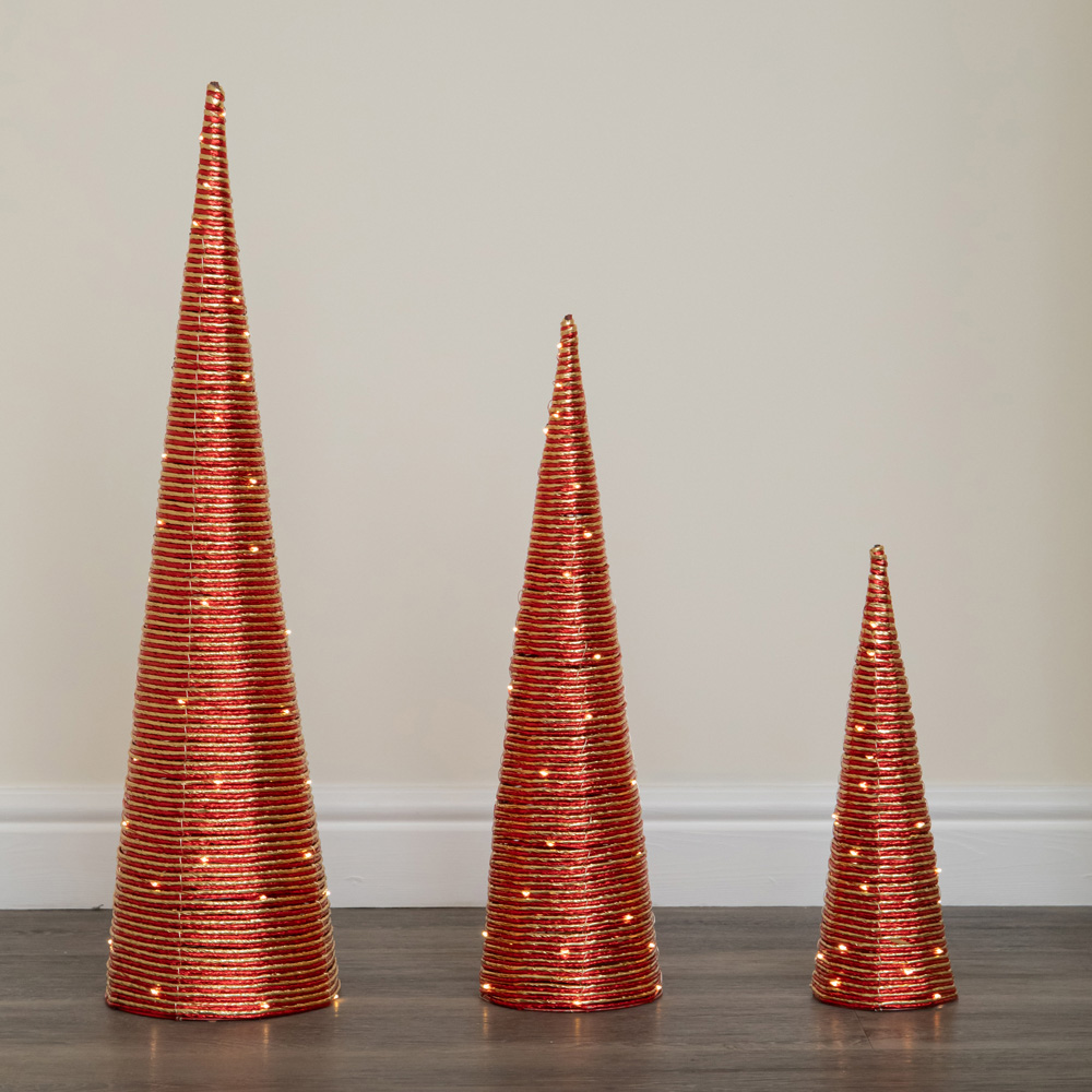 Samuel Alexander 120 Warm White LED Red and Gold Braid Christmas Cone Tree with Timer Set of 3 Image 8