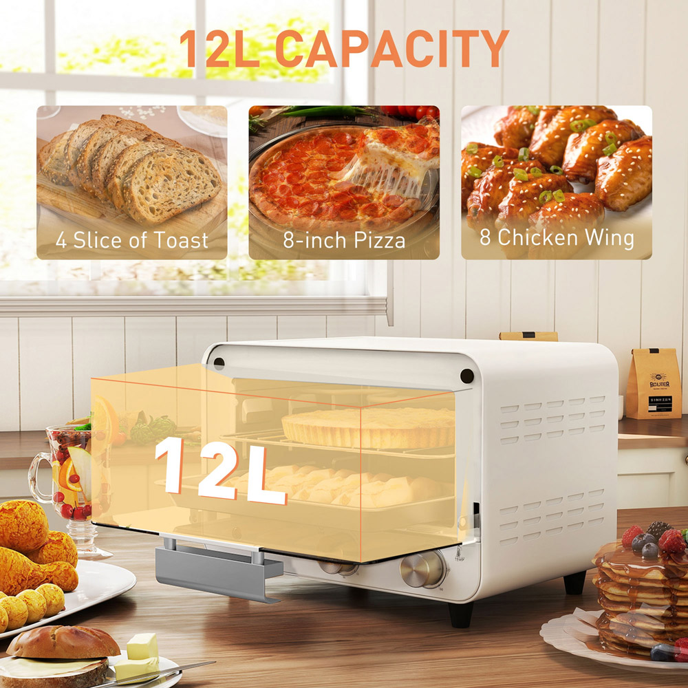 HOMCOM 800-201V70CW Cream White 12L Mini Countertop Oven with Glass Door and Timer Image 7
