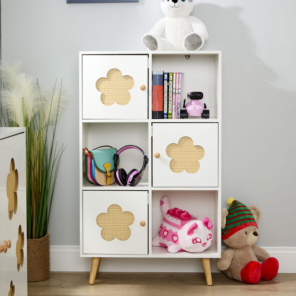 Home Source Daisy 3 Door 3 Shelf White Cut Out Rattan Insert Kids Cube Storage Unit Image 3