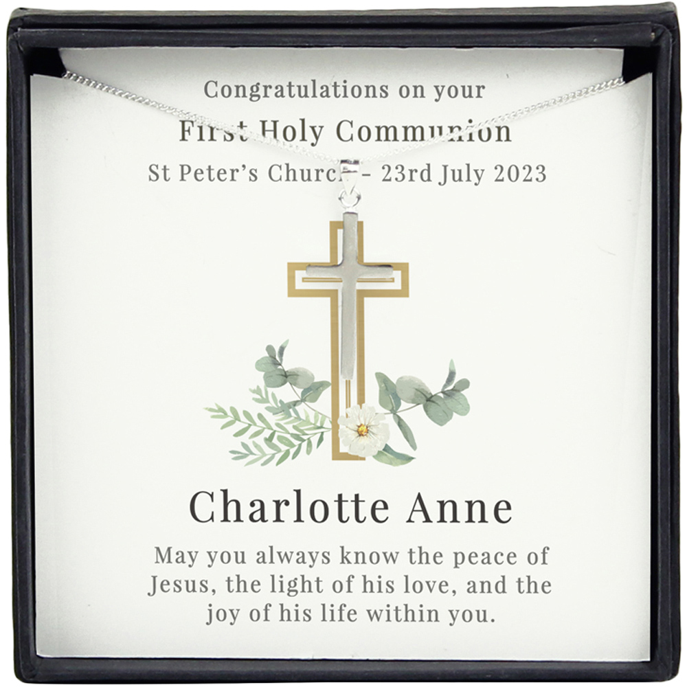 Personalised Memento Personalised Floral Religious Sentiment Cross Necklace and Box Image 1
