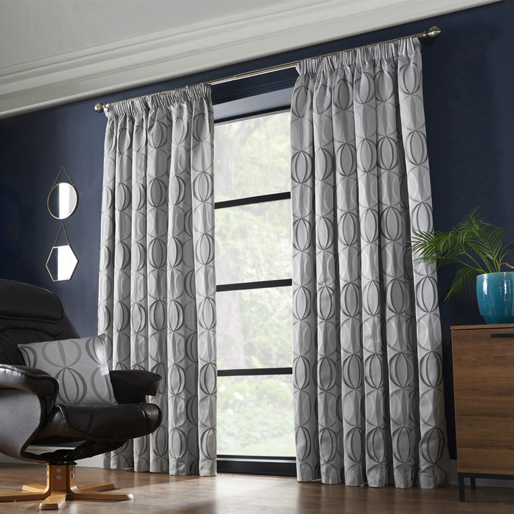 Alan Symonds Ome Silver Jacquard Lined Pencil Pleat Taped Top Curtains 167 x 228cm Image 1