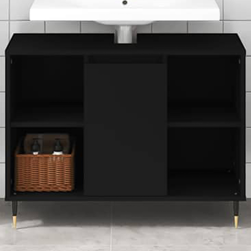 vidaXL Single Door 4 Shelf Black Wood Bathroom Cabinet Image 1