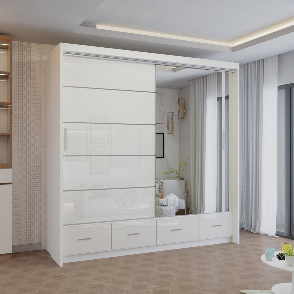 M N Furniture Seliyaa 2 Door 4 Drawer White High Gloss Sliding Door Wardrobe 203cm Image 5