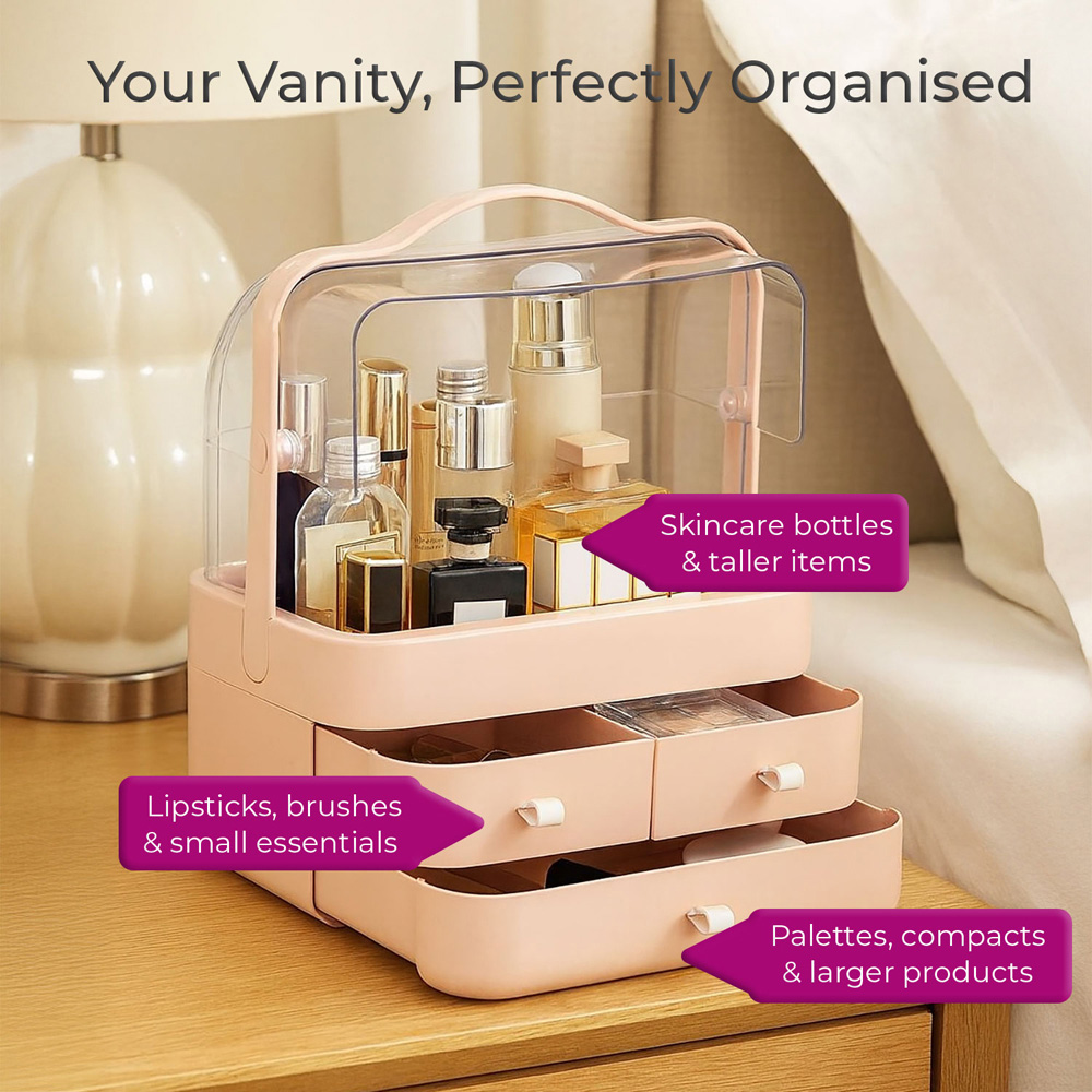 Neo 3 Drawer Pink Acrylic Makeup Storage Organiser with Lid Image 4