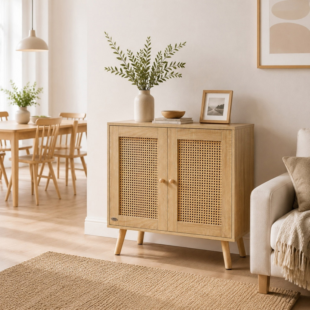 Abrihome 2 Door Natural Wooden Rattan Compact Sideboard Image 3