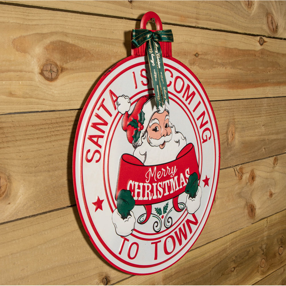 Samuel Alexander Red and White Round Metal Santa is Coming to Town Christmas Sign 47cm Image 6