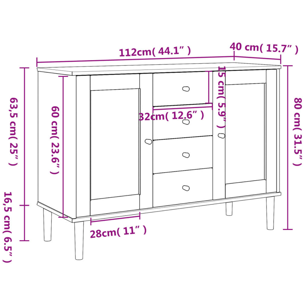 vidaXL Senja 2 Door 4 Drawer Brown Solid Pine Wood Rattan Look Sideboard Image 9
