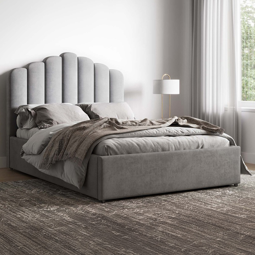 Flair Poseidon Double Silver Velvet Ottoman Bed Image 1