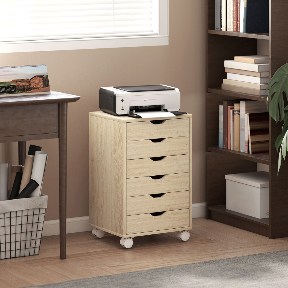 HOMCOM 6 Drawer Oak Vertical File Cabinet with Wheels Image 2
