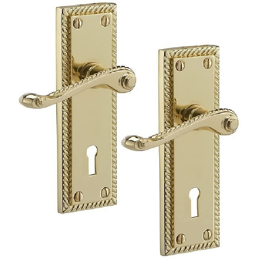 Golden Grace Polished Brass Georgian Scroll Lever Lock Door Handle Pair 150 x 48mm Image 1
