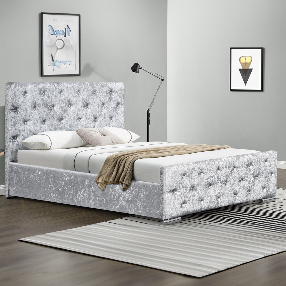 Brooklyn King Size Silver Crushed Velvet Diamante Chesterfield Ottoman Bed Image 1