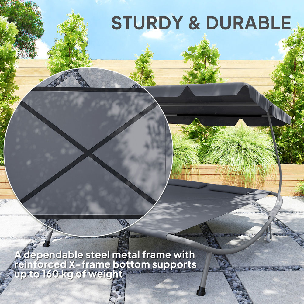 Outsunny 2 Seater Grey Hammock Sun Lounger with Canopy and 2 Pillows Image 6