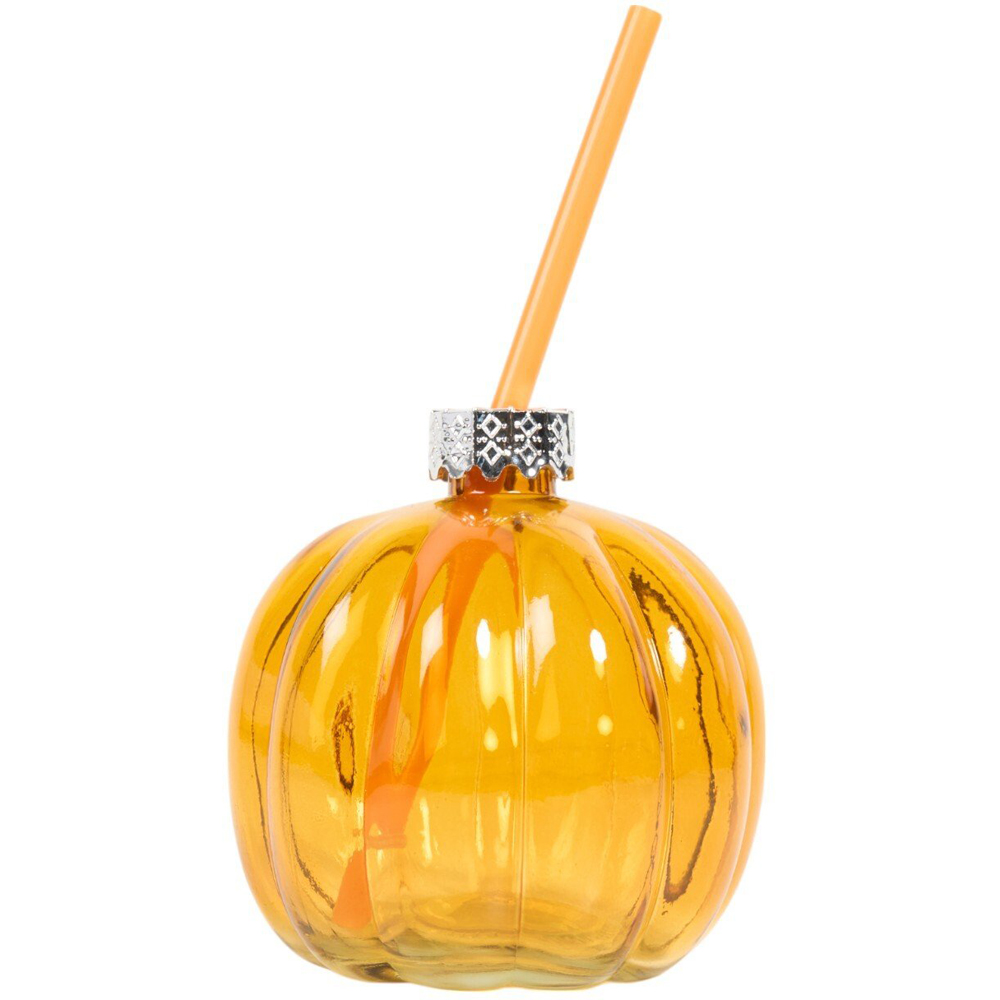 Pumpkin Shape Glass with Lid and Straw Image 3