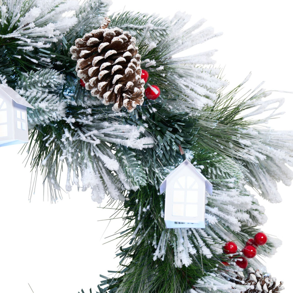 Flocked Fibre Optic House Wreath Image 3