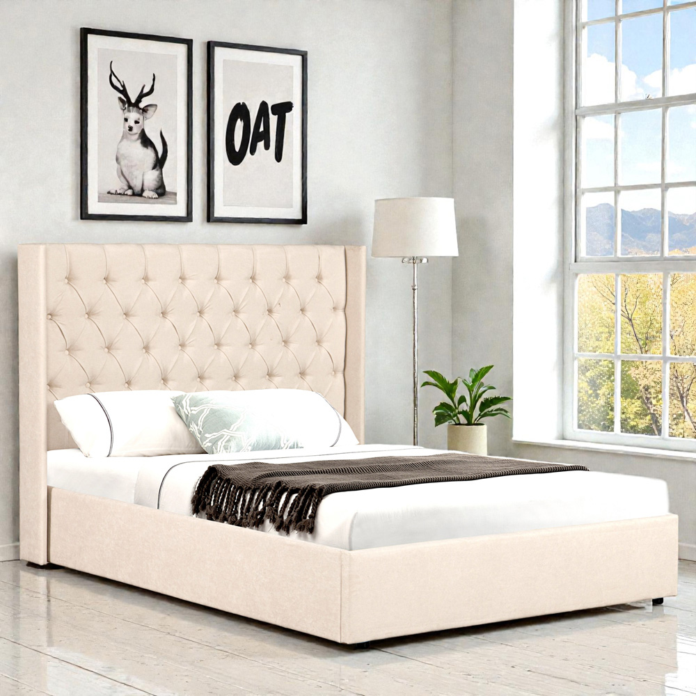 OAT Home Wrenbury Double Natural Lift-Up Ottoman Bed Frame with Buttoned Winged Headboard Image 1