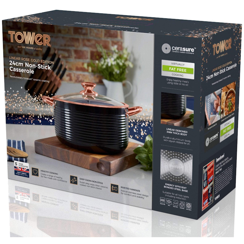 Tower Linear 24cm Black and Rose Gold Aluminium Non-Stick Casserole Dish with Lid Image 4