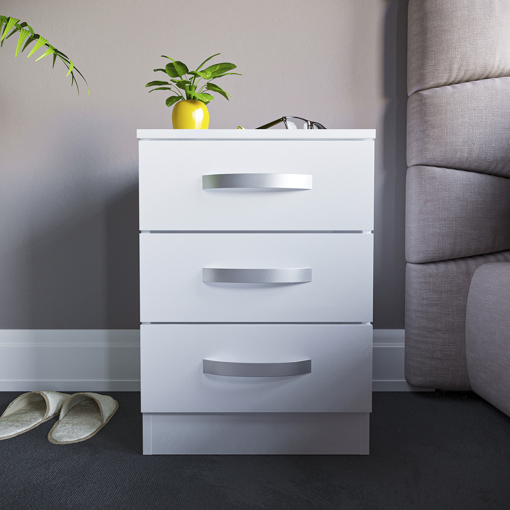 Vida Designs Hulio 3 Drawer White Bedside Table Image 7